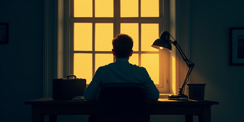 a man sitting at a desk in front of a window with a lamp on it and a suitcase on the desk, Évariste