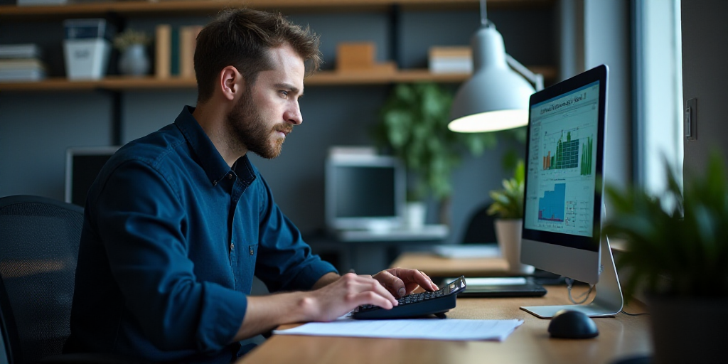 a man sitting at a desk with a calculator and a computer monitor on it, working on a calculator, Dah