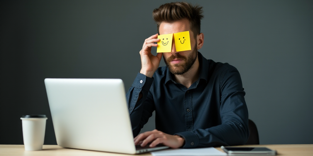 a man sitting at a desk with a laptop and a pair of yellow sticky notes on his eyes with a smiley fa