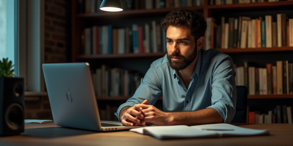a man sitting at a table in front of a laptop computer with a speaker on it and a bookcase full of b