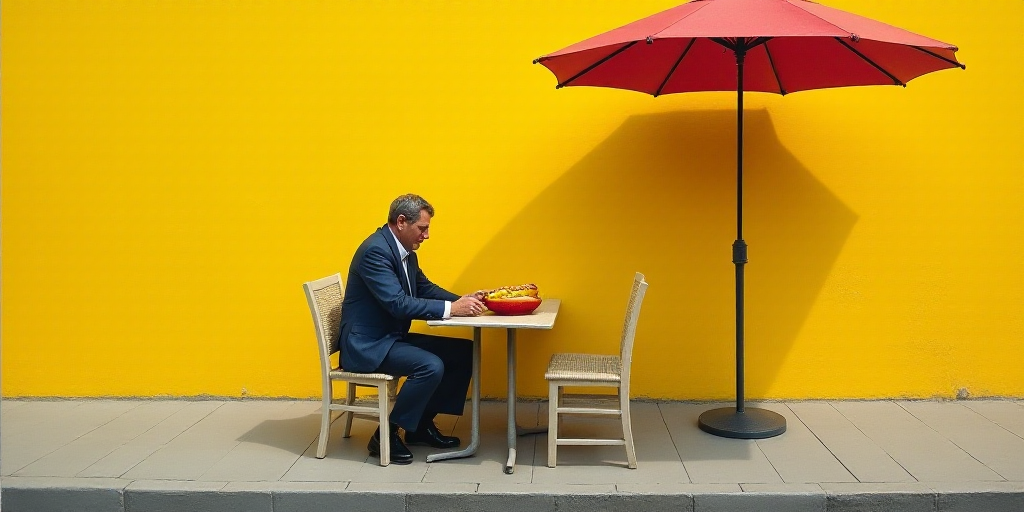 a man sitting at a table with a hot dog in his hand and an umbrella in the background with a yellow