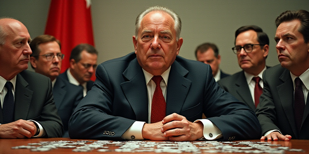 a man sitting at a table with other men in suits and ties around him and a flag hanging in the backg