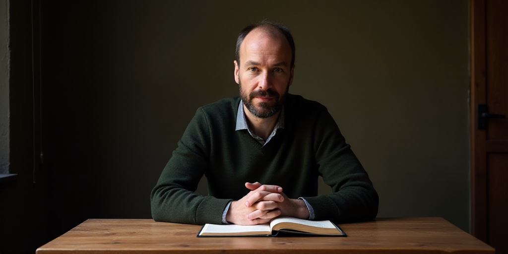 a man sitting at a table with his hands folded in front of him and a book in front of him, Constant
