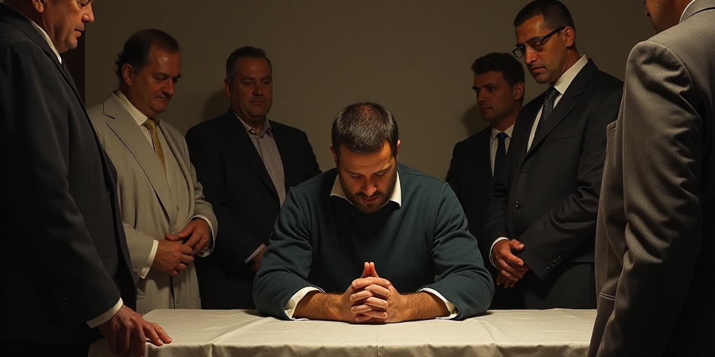 a man sitting at a table with his hands folded in prayer while others stand around him and look on,