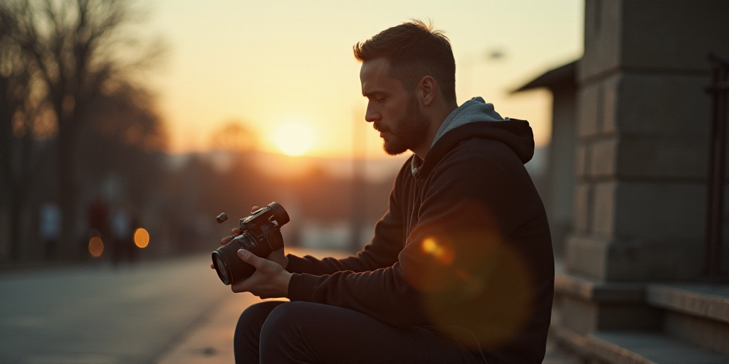 a man sitting down while holding a camera in his hand and a camera in his other hand, with a blurry