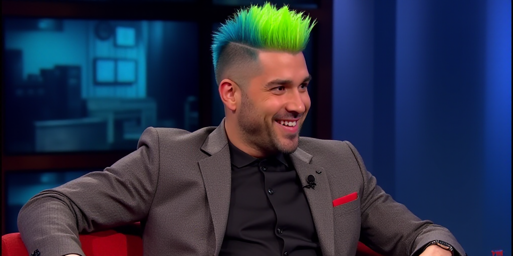 a man sitting in a chair on a tv show with a green mohawk on his head and a blue hair, Félix Arauz,