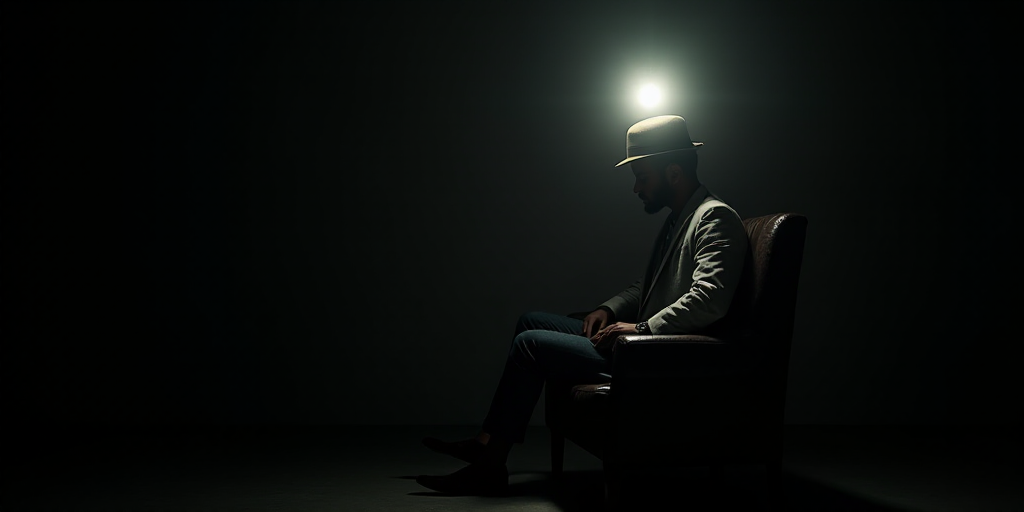a man sitting in a chair with a flashlight on his head and a hat on his head, in the dark, Aníbal V