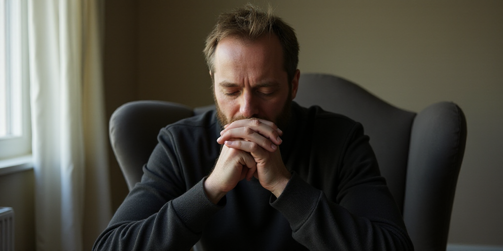a man sitting in a chair with his hands clasped to his face and looking down at something in front o