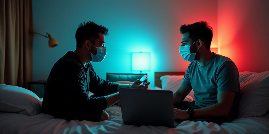 a man sitting in front of a computer on a bed next to another man wearing a mask and a laptop, Dahlo
