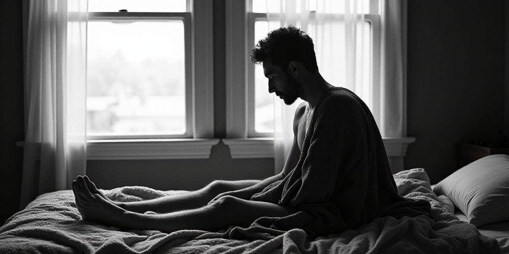 a man sitting on a bed in front of a window with a blanket on it's back and a blanket on his chest,