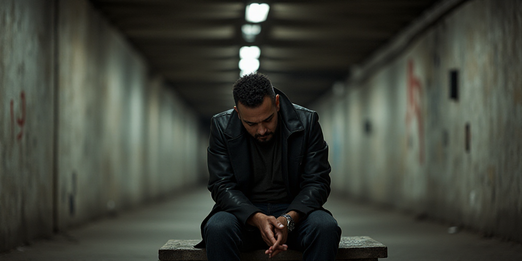 a man sitting on a bench in a tunnel with his hands in his pockets and his head in his hands, Carlos