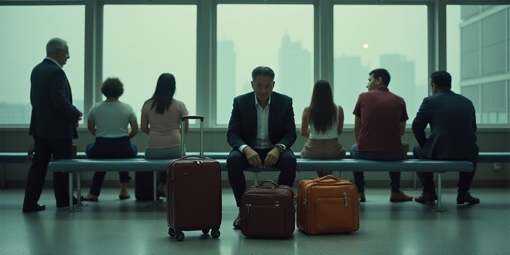 a man sitting on a bench with a lot of luggage in front of him and people sitting on the bench, Cui