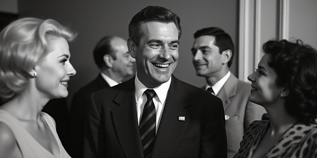 a man smiling while standing next to other men in a room with other people around him and a woman st