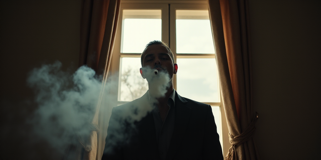 a man smoking a cigarette in a room with a window behind him and a window behind him with a curtain,