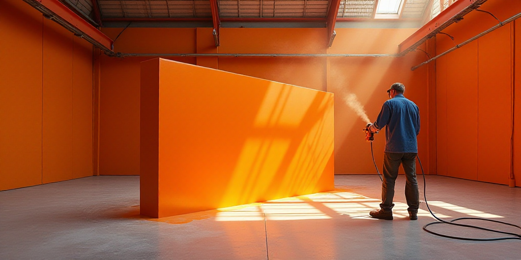 a man spraying down a large metal structure with a sprayer in a warehouse area with orange walls and