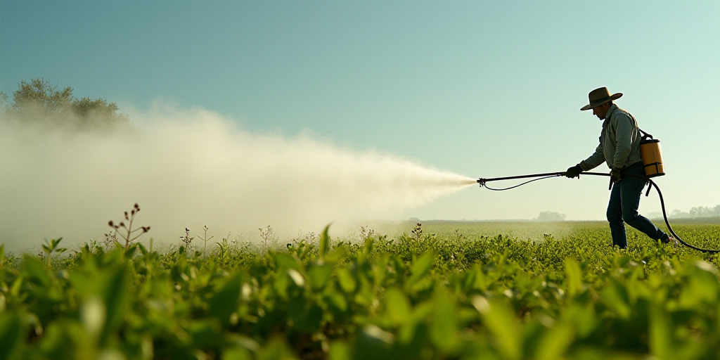 a man spraying pesticide on a field of plants with a hose and a hat on his head and a hose in his ha