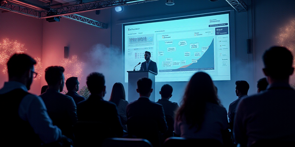 a man standing at a podium giving a speech to a group of people in front of a screen with a screen o