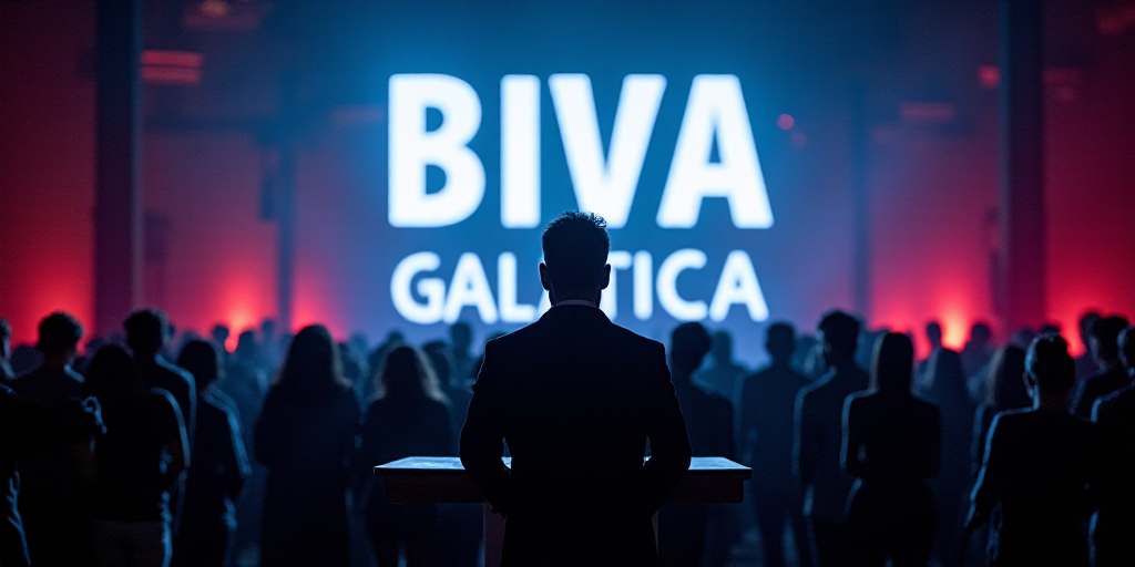 a man standing at a podium in front of a crowd of people in front of a sign that says biva night gal