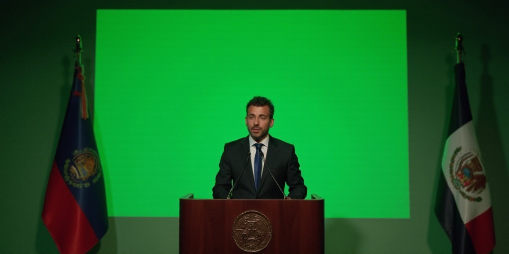 a man standing at a podium in front of a microphone and a green wall behind him with a flag, Carlos