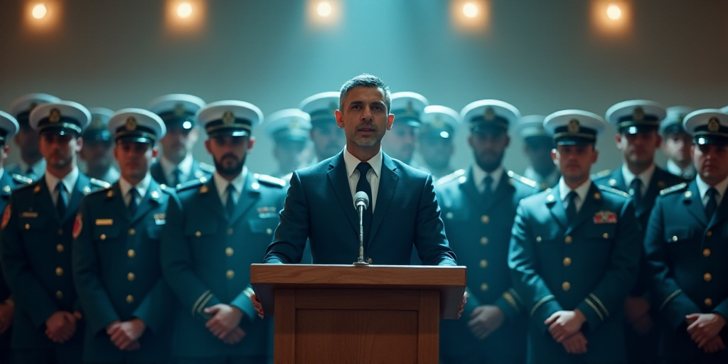 a man standing at a podium in front of a group of men in uniform and a microphone in front of him, E