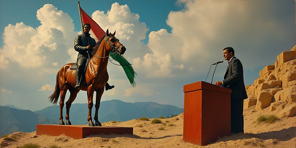 a man standing at a podium in front of a statue of a man with a flag on his lap, David Alfaro Siquei