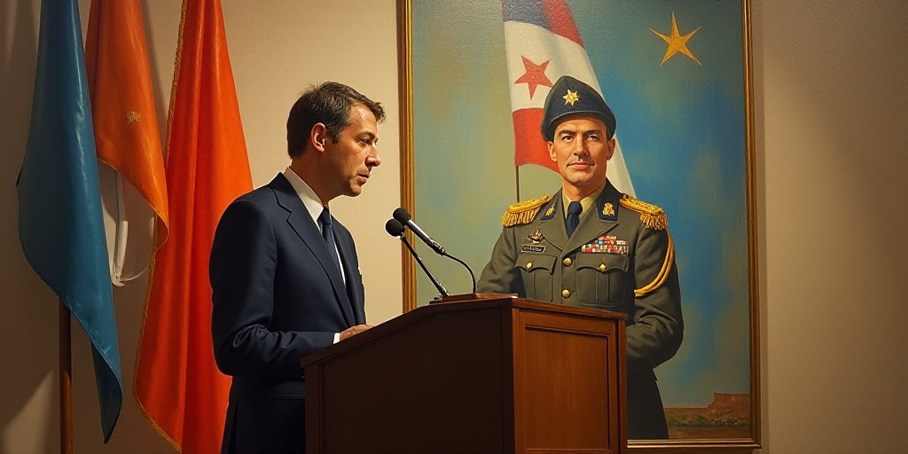 a man standing at a podium in front of a painting of a man in uniform and a flag behind him, Ada Gla