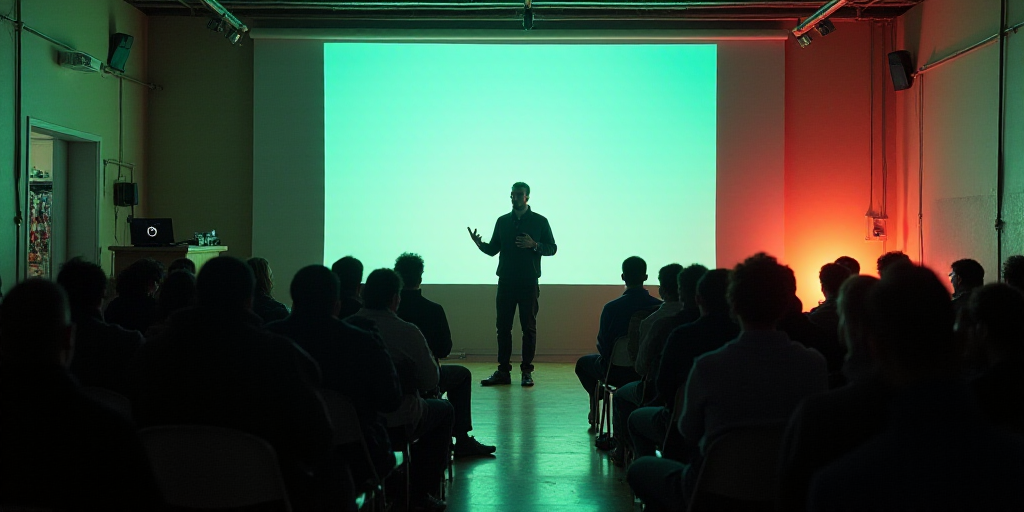 a man standing at a podium in front of a crowd of people in chairs and a projector screen, Eduardo L