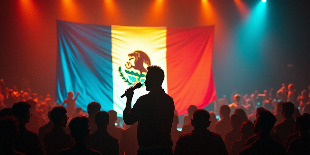 a man standing at a podium in front of a crowd of people with a microphone in his hand and a flag in