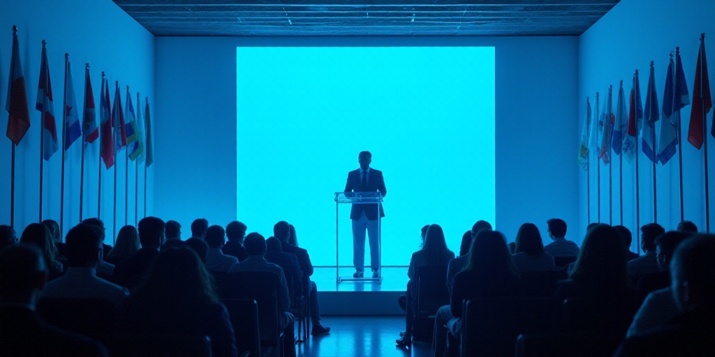 a man standing at a podium in front of a crowd of people in front of a blue wall with flags, Eduardo
