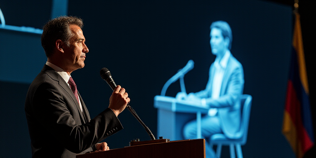 a man standing at a podium with a microphone in front of him and a woman sitting behind him behind h