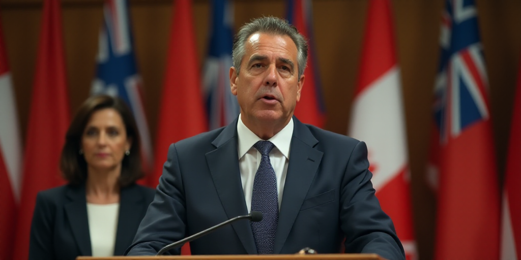 a man standing at a podium with a microphone in front of him and a woman behind him with flags on th