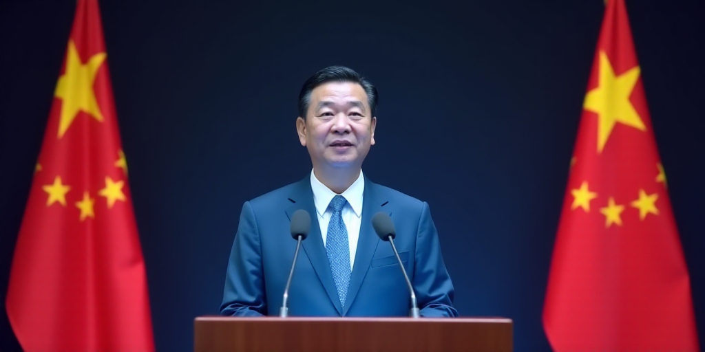a man standing at a podium with a microphone in front of two flags and a microphone in front of him,