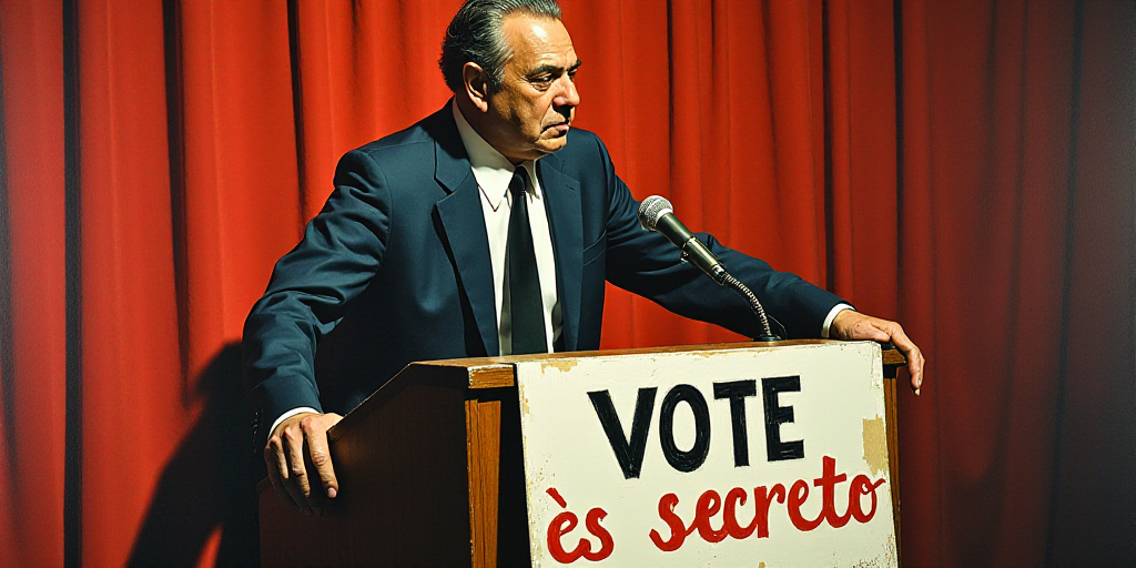 a man standing at a podium with a microphone in his hand and a sign in front of him that says vote e