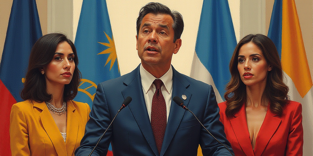 a man standing at a podium with a microphone in front of him and two women behind him and flags behi