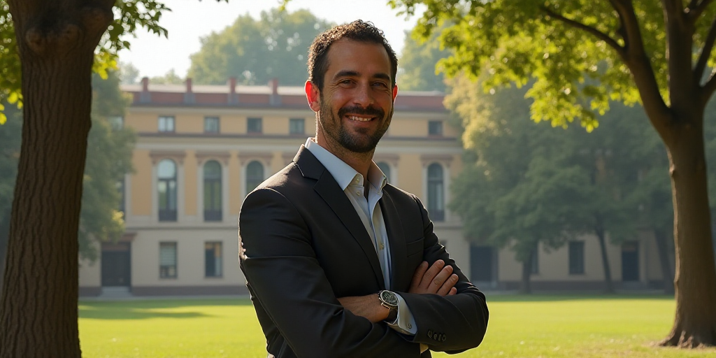 a man standing in a park with his hands crossed and a building in the background with trees in the f