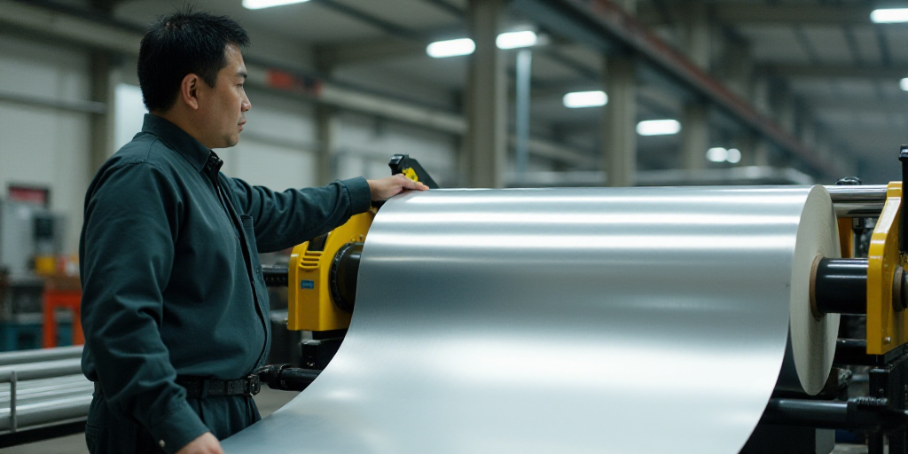 a man standing in a warehouse next to a roll of aluminum foil on a conveyor belt with a yellow tag,