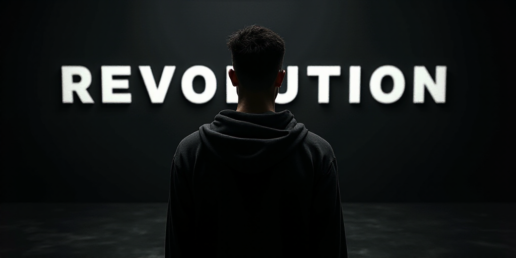a man standing in front of a black background with the word revolution on it's side and a white logo