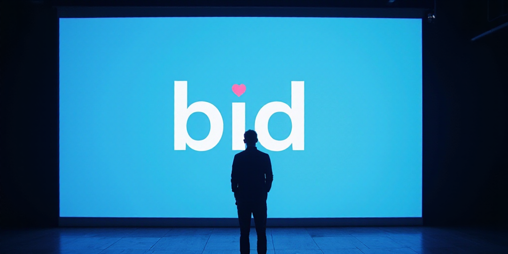 a man standing in front of a big screen with a logo on it that says bid on it and a person standing