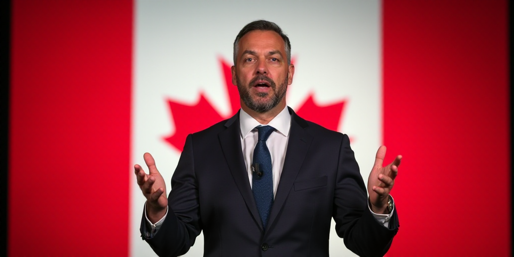 a man standing in front of a canadian flag giving a speech with his hands up in front of him, Charle