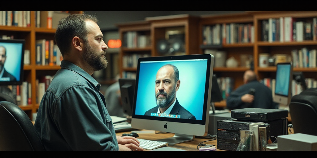 a man standing in front of a computer in a store with a giant head of a man on the computer, Ada Gla