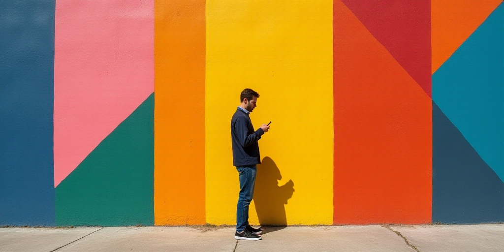 a man standing in front of a colorful wall using a cell phone in his hand and looking at his phone,