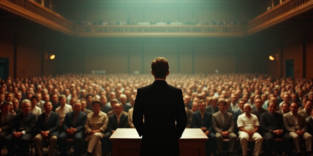 a man standing in front of a crowd of people in a building with a podium in front of him, Fay Pomera