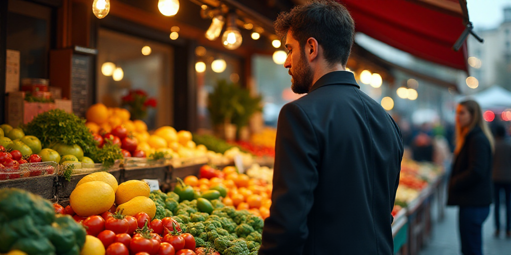 a man standing in front of a display of fruits and vegetables at a market stall with a woman looking