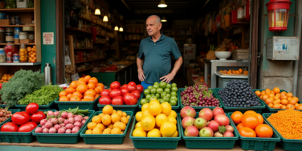 a man standing in front of a display of vegetables and fruits in plastic containers on a table in a