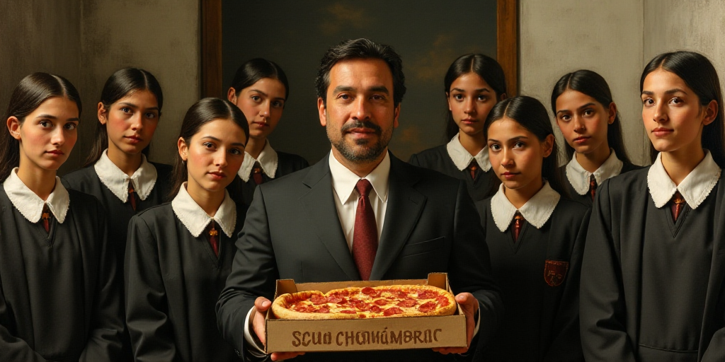 a man standing in front of a group of girls in school uniforms and holding a box of pizza boxes, Car