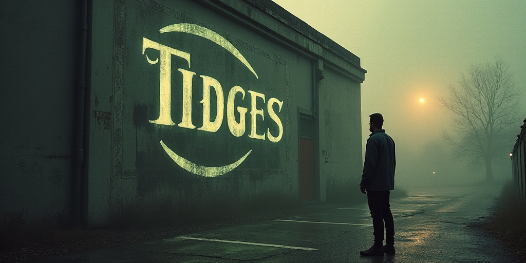 a man standing in front of a logo for a company that sells tidges on the wall of a building, Charles