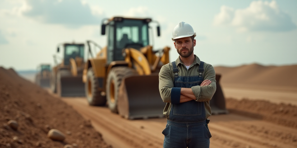 a man standing in front of a large machine in a dirt field with other machines in the background and