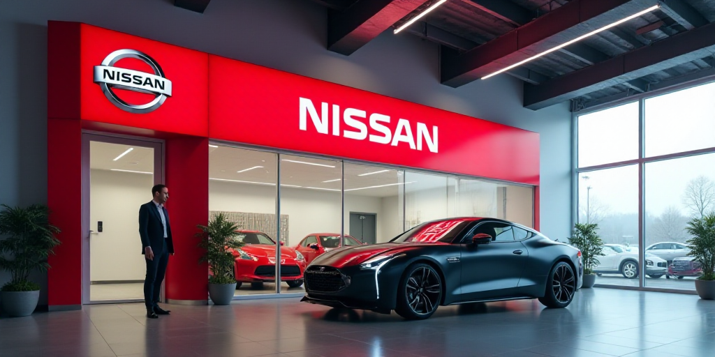 a man standing in front of a nissan sign in a showroom with a car parked in front of it, Ai-Mitsu, p