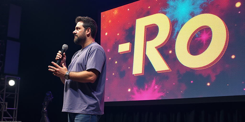 a man standing in front of a screen with a microphone in his hand and a logo behind him that says c