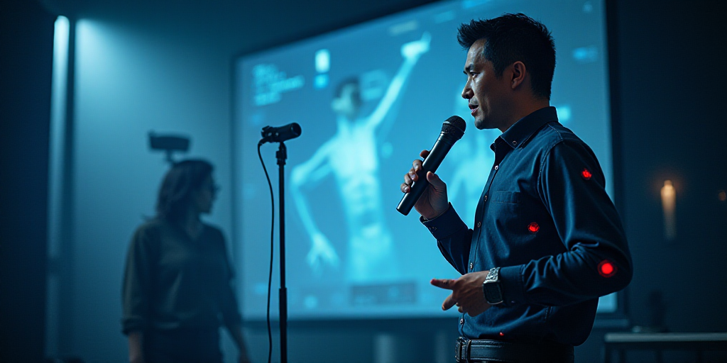 a man standing in front of a screen holding a microphone in his hand and speaking into a microphone